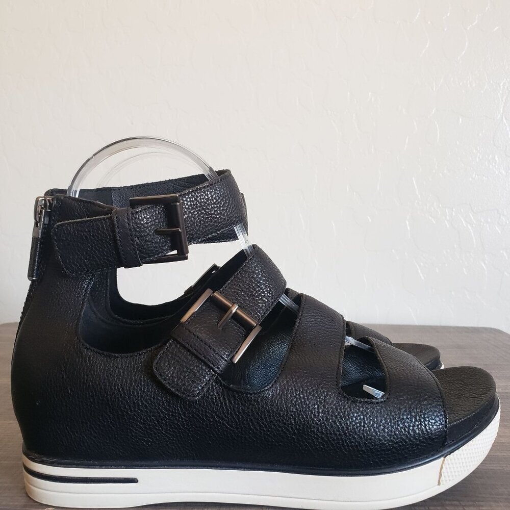 Eileen Fisher Strappy Leather Gladiator Sandals Black Sz Women's 7.5 Buckle Zip